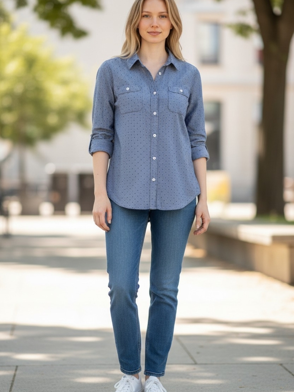 Old Navy Chambray Polka Dot Button Down Shirt Large Tall Blue